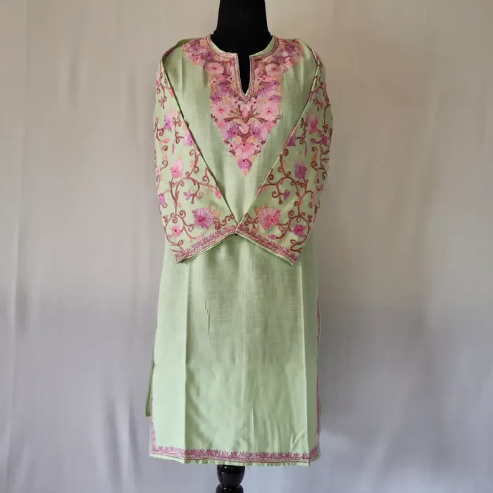 Kashmiri Shaista Sea Green Cotton Kurti - Aari Embroidered Sleeves - Image 2