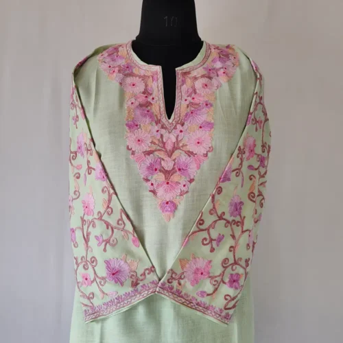 Kashmiri Shaista Sea Green Cotton Kurti - Aari Embroidered Sleeves
