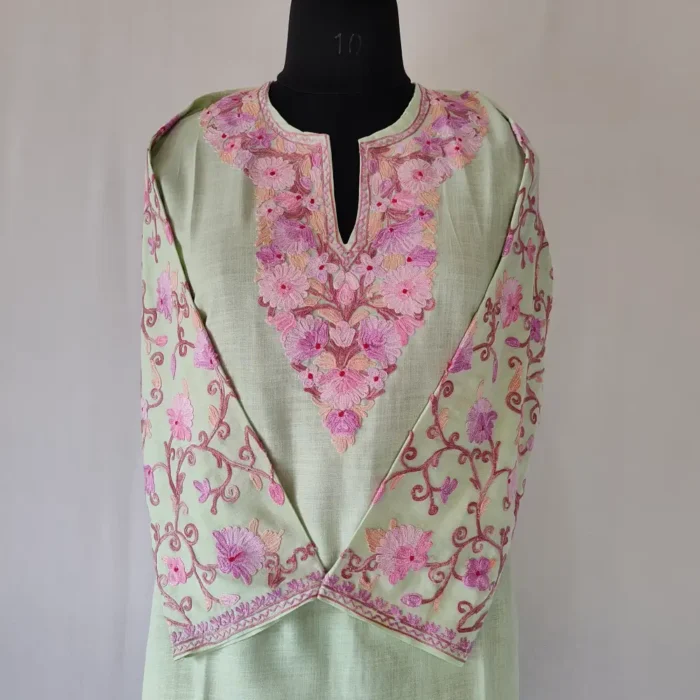 Kashmiri Shaista Sea Green Cotton Kurti - Aari Embroidered Sleeves