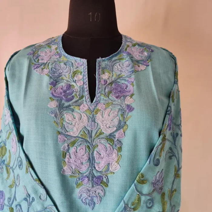 Aari Work on Sleeves - Zubaida's Teal Blue Kashmiri Cotton Short Kurti - Image 2