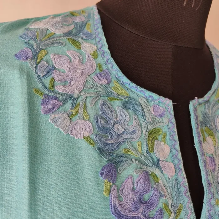 Aari Work on Sleeves - Zubaida's Teal Blue Kashmiri Cotton Short Kurti - Image 3