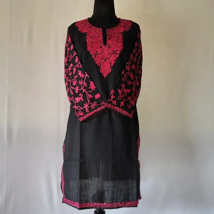 Black Kashmiri Cotton Kurti Fancy Ari Work Sleeves Tabinda - Image 2