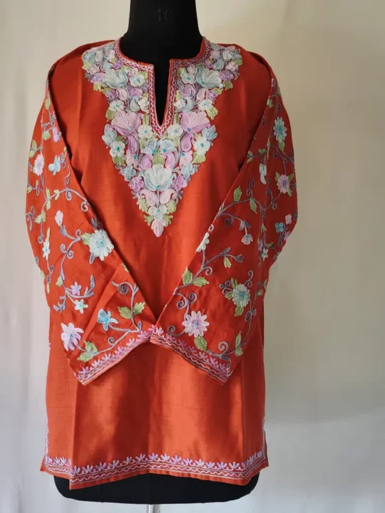 Rustic Orange Short Mehr Kurti from Kashmir with Aari Work Sleeves