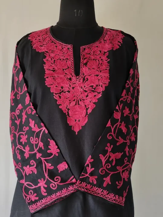 Black Kashmiri Cotton Kurti Fancy Ari Work Sleeves Tabinda