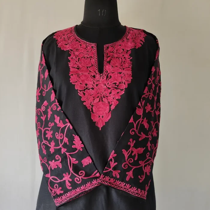 Black Kashmiri Cotton Kurti Fancy Ari Work Sleeves Tabinda