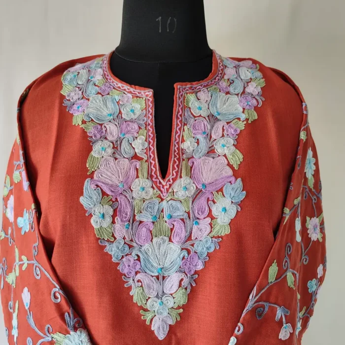 Rustic Orange Short Mehr Kurti from Kashmir with Aari Work Sleeves - Image 2