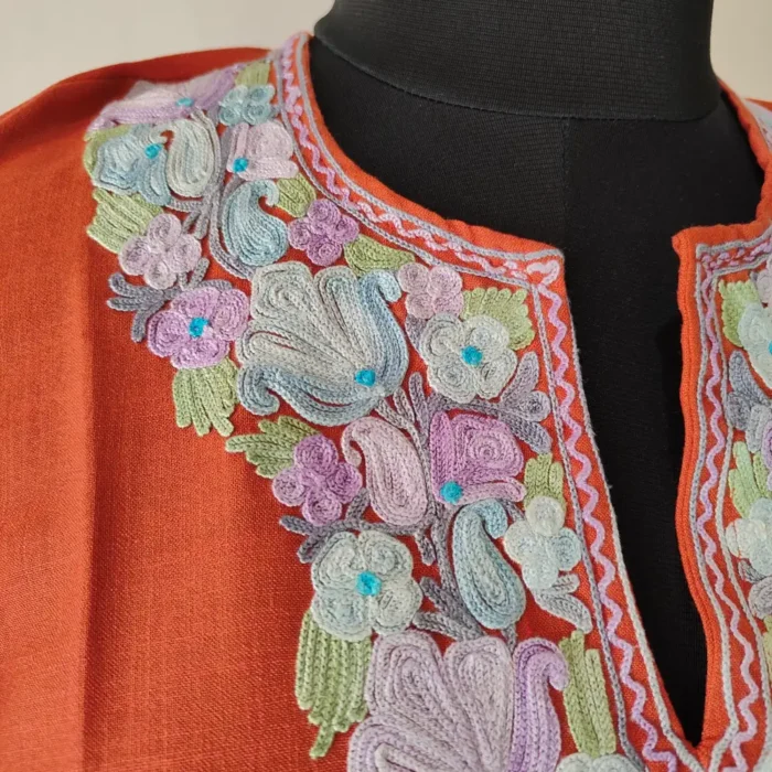 Rustic Orange Short Mehr Kurti from Kashmir with Aari Work Sleeves - Image 3