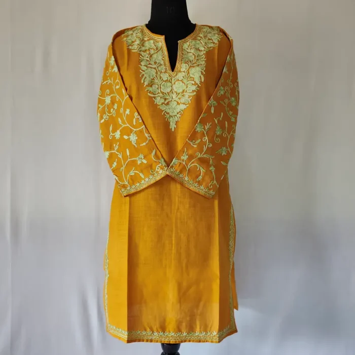 Kashmiri Cotton Ruhi's Kurti Designer Ari Work Sleeves in Mustard - Image 2
