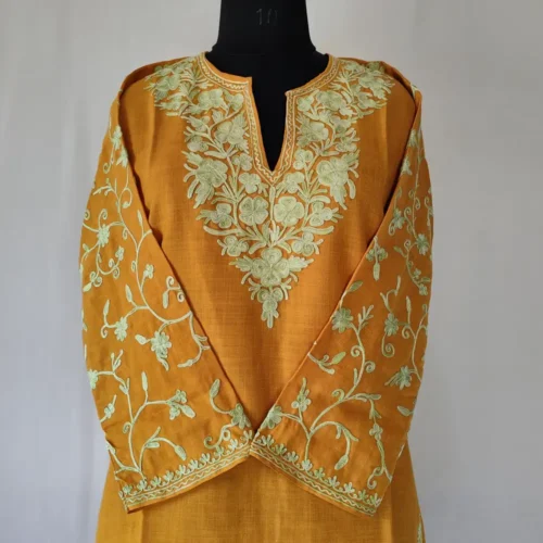 Kashmiri Cotton Ruhi's Kurti Designer Ari Work Sleeves in Mustard