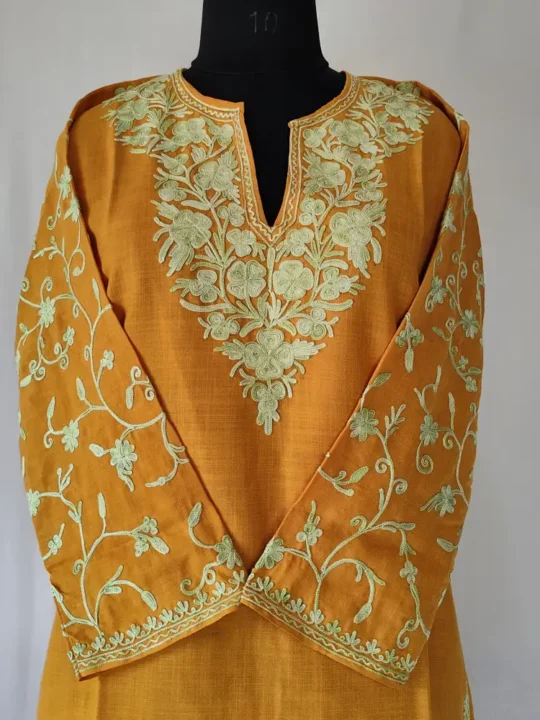 Kashmiri Cotton Ruhi's Kurti Designer Ari Work Sleeves in Mustard