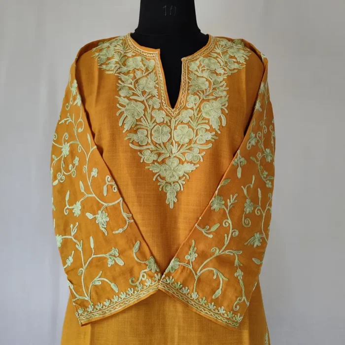 Kashmiri Cotton Ruhi's Kurti Designer Ari Work Sleeves in Mustard