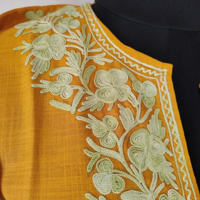 Kashmiri Cotton Ruhi's Kurti Designer Ari Work Sleeves in Mustard - Image 3