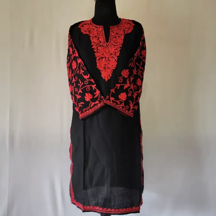 Kashmiri Hoor Black Cotton Kurti with Red Aari Embroidered Sleeves - Image 2