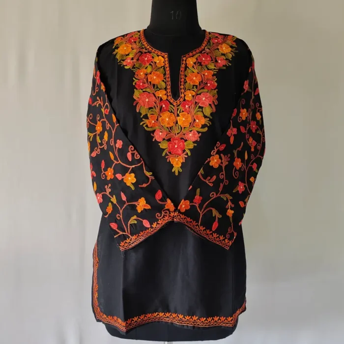 Srinagar made Black Cotton Short Kurti with Sleeves Aari Work