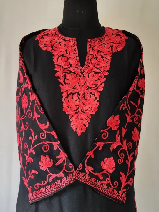 Kashmiri Hoor Black Cotton Kurti with Red Aari Embroidered Sleeves