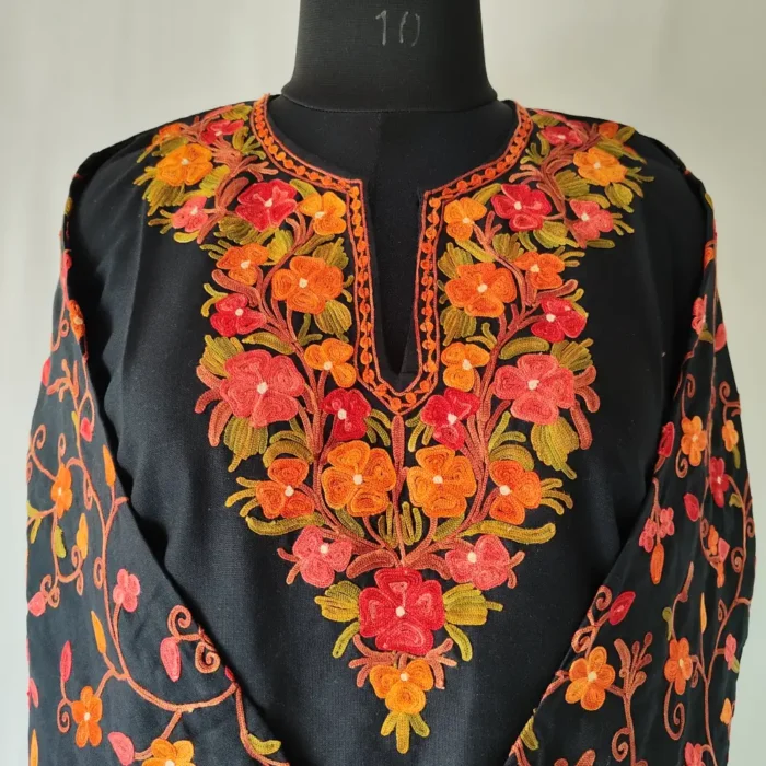 Srinagar made Black Cotton Short Kurti with Sleeves Aari Work - Image 2