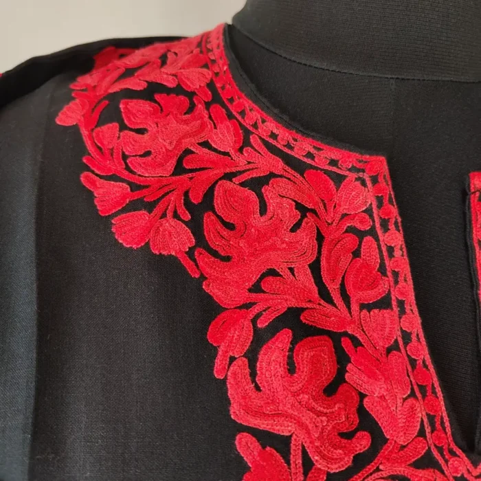 Kashmiri Hoor Black Cotton Kurti with Red Aari Embroidered Sleeves - Image 3