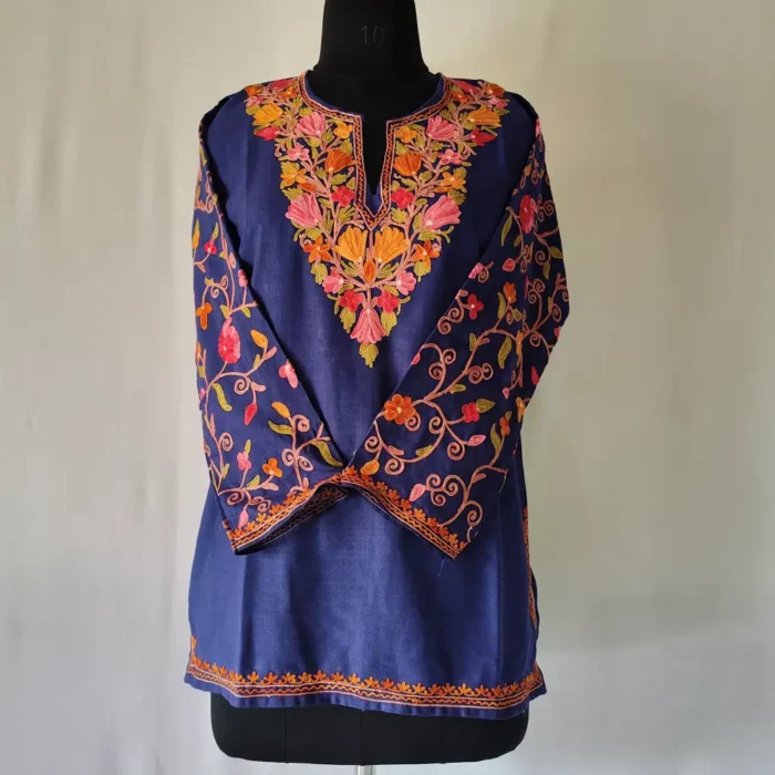Cotton Koshur Short Dark Blue Mahjabeen Kurti  with Aari Embroidered Sleeves