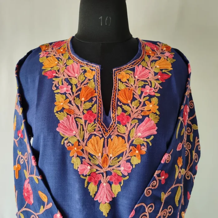 Cotton Koshur Short Dark Blue Mahjabeen Kurti  with Aari Embroidered Sleeves - Image 2