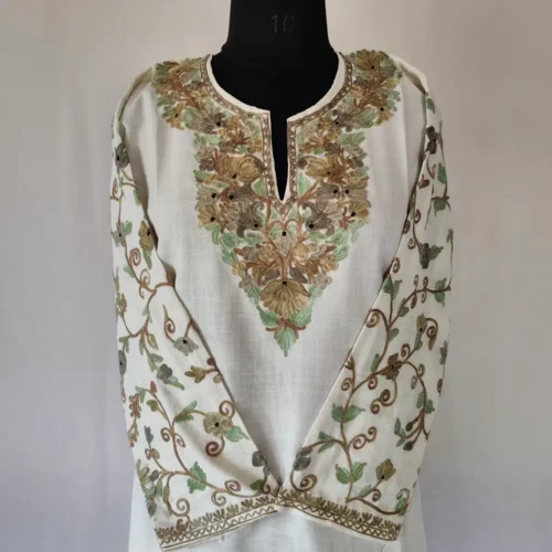 Laila's Kashmiri CreamCotton Kurti with Aari Embroidered Sleeves