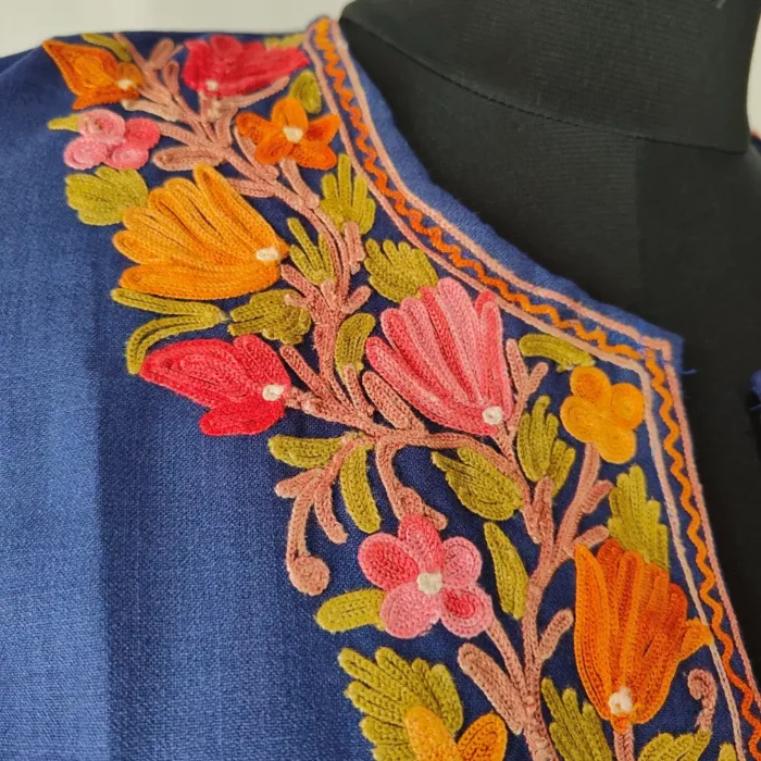 Cotton Koshur Short Dark Blue Mahjabeen Kurti  with Aari Embroidered Sleeves - Image 3