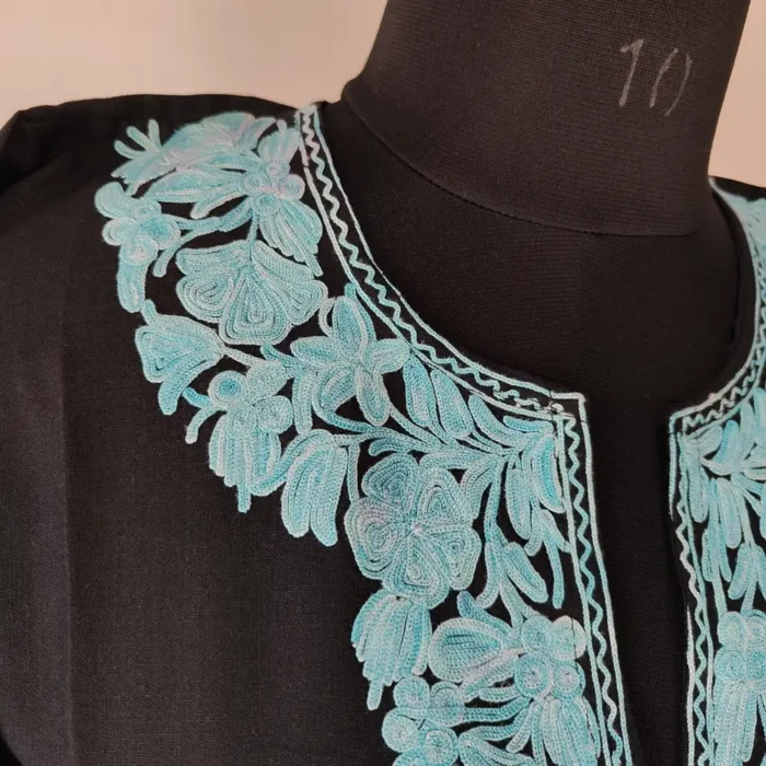 Kashmiri Black Laila's Cotton Kurti with Aari Work Sleeves - Image 3