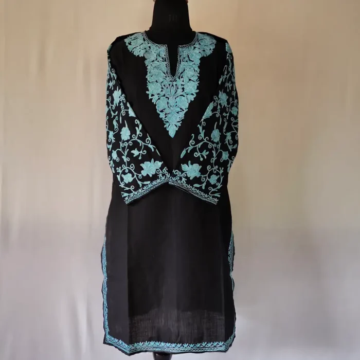 Kashmiri Black Laila's Cotton Kurti with Aari Work Sleeves - Image 2