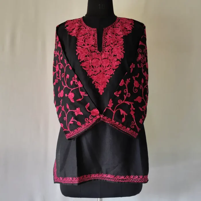 Black Kashmiri Cotton Noori Jahan Short Kurti  with Sleeves Work
