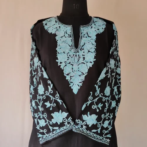 Kashmiri Black Laila's Cotton Kurti with Aari Work Sleeves