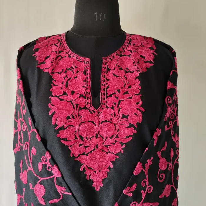 Black Kashmiri Cotton Noori Jahan Short Kurti  with Sleeves Work - Image 2