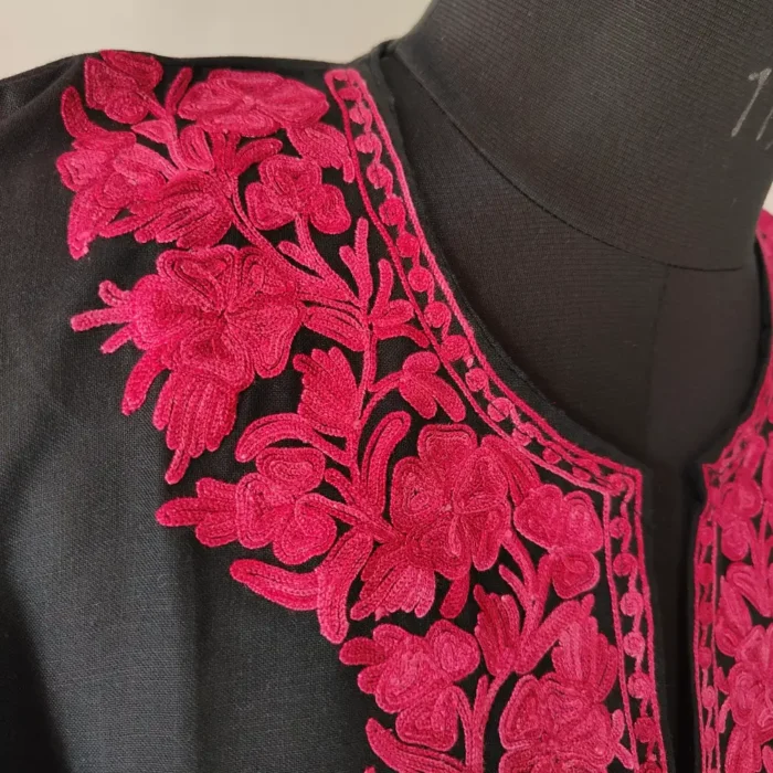 Black Kashmiri Cotton Noori Jahan Short Kurti  with Sleeves Work - Image 3