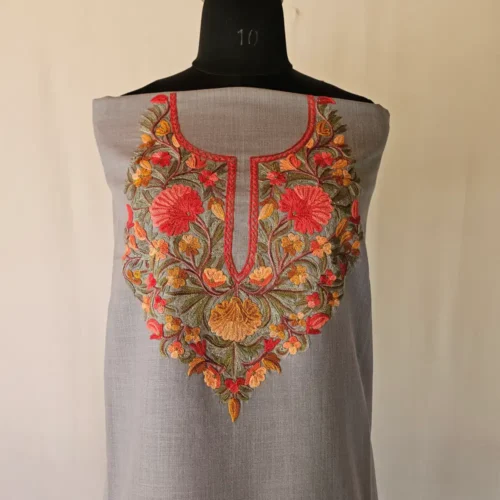 Dark Grey Cotton Kashmiri Shehnaz Suit with Hand Aari Work