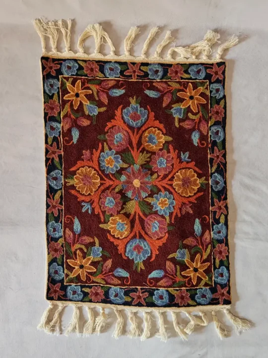Elegent Maroon Handmade Chain Stitch Aasan Mat | Small Rug | Meditation Carpet