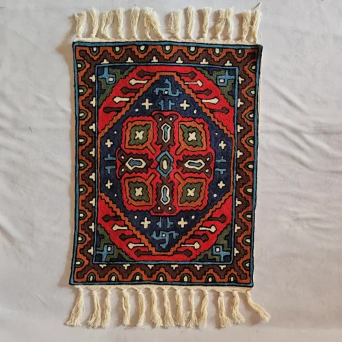 Red-Blue Handmade Chain Stitch Aasan Mat | Small Rug | Meditation Carpet