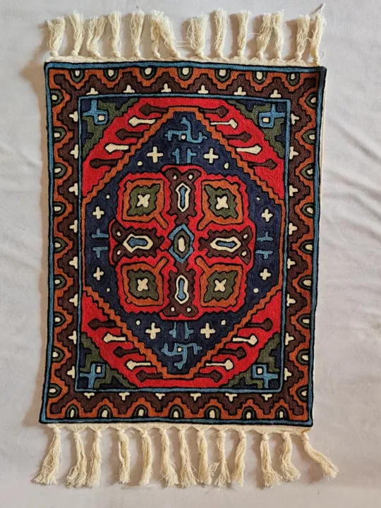 Red-Blue Handmade Chain Stitch Aasan Mat | Small Rug | Meditation Carpet
