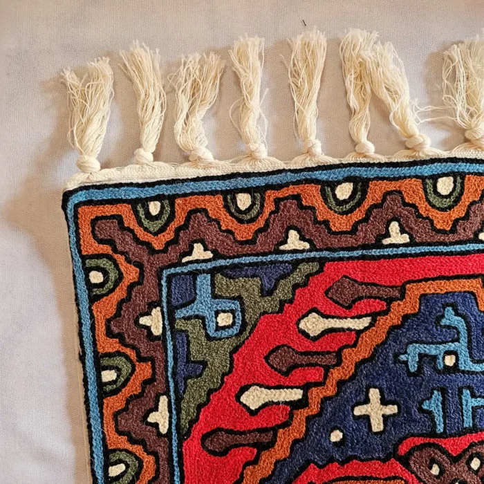 Red-Blue Handmade Chain Stitch Aasan Mat | Small Rug | Meditation Carpet - Image 3