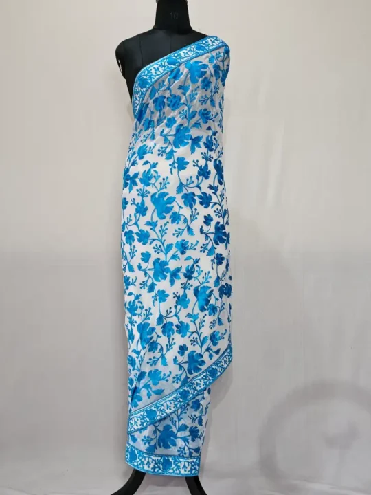 White Georgette Kashmiri Saree Chinar Akh Rang Gyawun