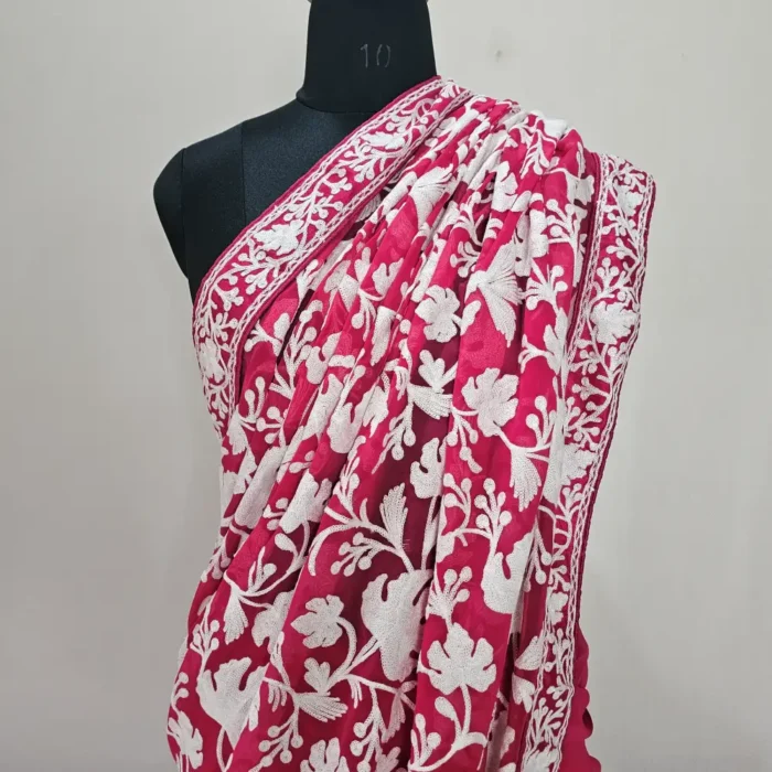 Red Georgette Kashmiri Saree | Chinar Akh Rang - Image 2
