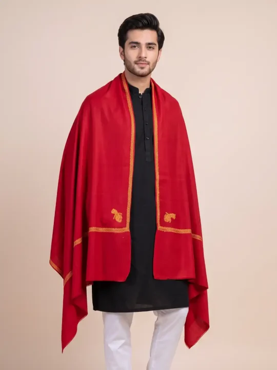 Hand Sozni Kashmiri Hashidar Men’s Maroon Wool Shawl