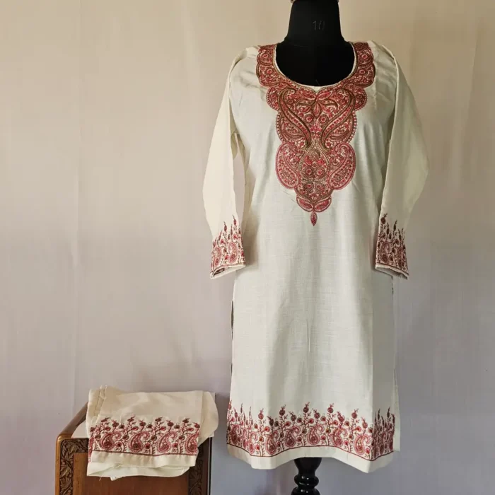 Kashmiri Cream Kurti Set With Sozni Embroidery | Lal Bazaar Collection - Image 2