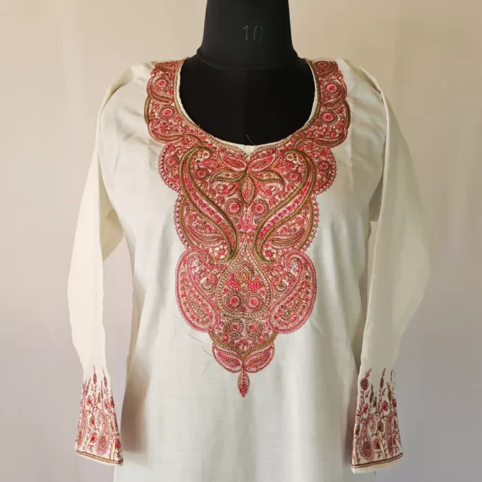 Kashmiri Cream Kurti Set With Sozni Embroidery | Lal Bazaar Collection - Image 3