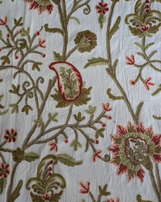 Handmade Kashmiri Crewel Fabric | Wool Embroidery on Cotton | Perfect for Curtains, Chairs, Sofas & Home Decor