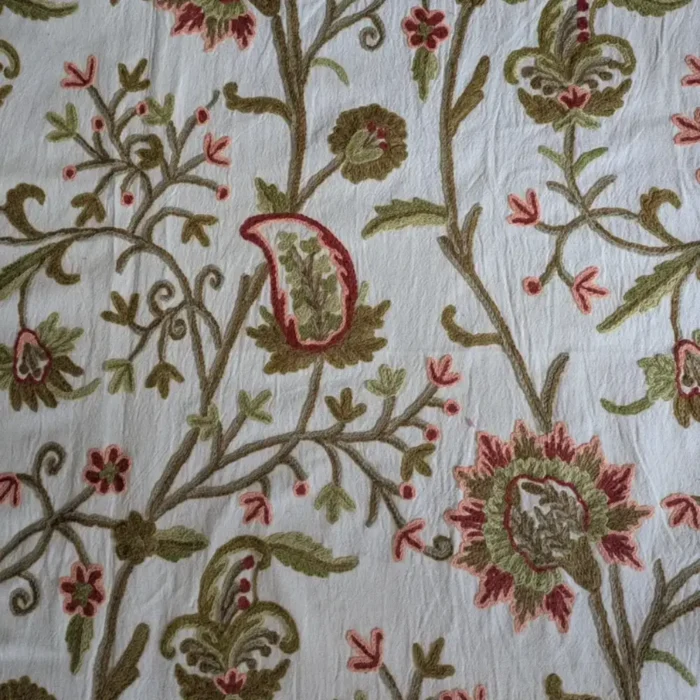Handmade Kashmiri Crewel Fabric | Wool Embroidery on Cotton | Perfect for Curtains, Chairs, Sofas & Home Decor