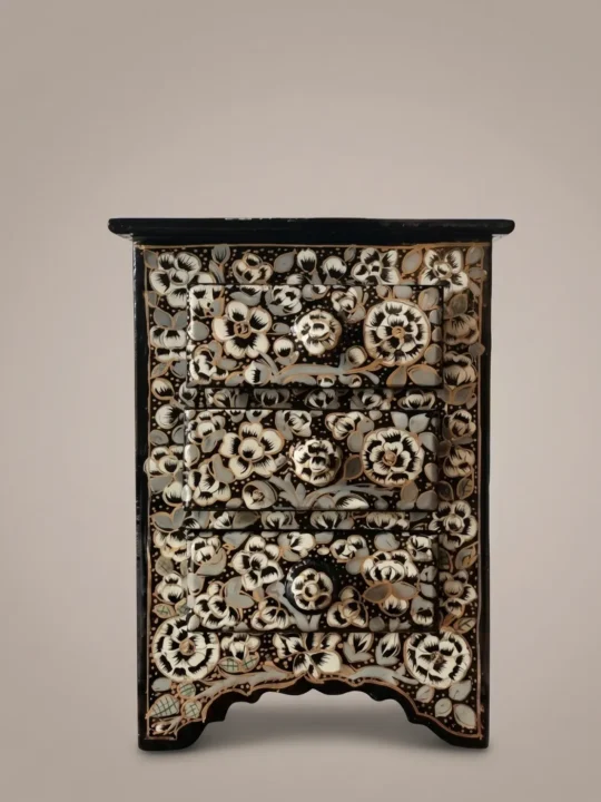 Hand Painted Black Kashmiri Almirah in Paper Machie with 3 Drawers