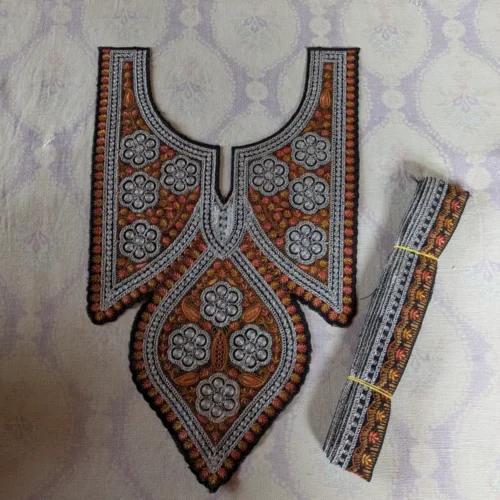 Black and Silver Kashmiri Tilla and Sozni Needle Work Patch with Lace