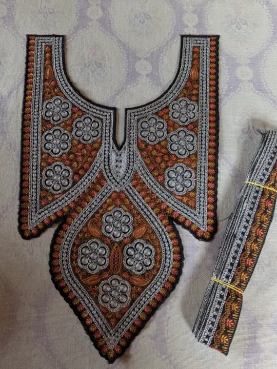 Black and Silver Kashmiri Tilla and Sozni Needle Work Patch with Lace