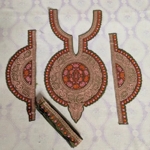 Kashmiri Green and Copper Tilla and Needle Embroidered Sleeves and Neck Patch with Lace