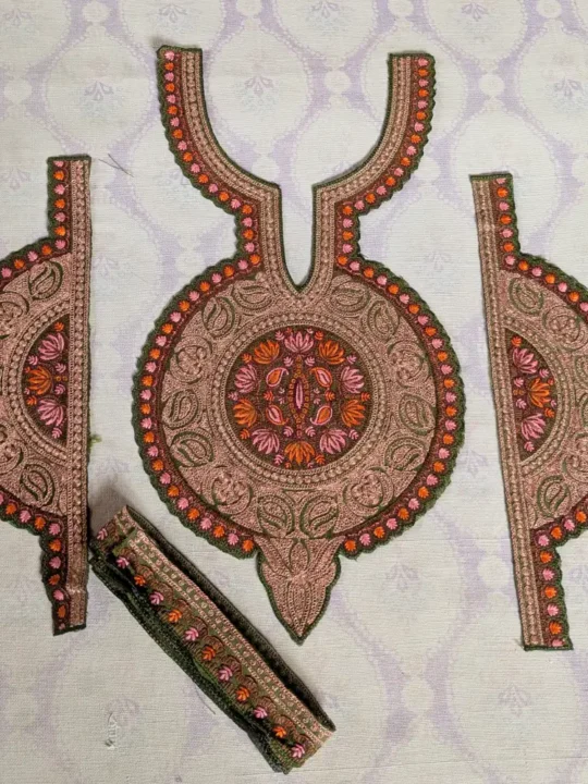 Kashmiri Green and Copper Tilla and Needle Embroidered Sleeves and Neck Patch with Lace