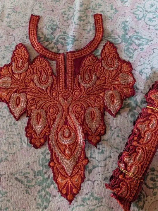 Twinkling Badam Maroon and Copper Kashmiri Tilla Work Patch with Lace