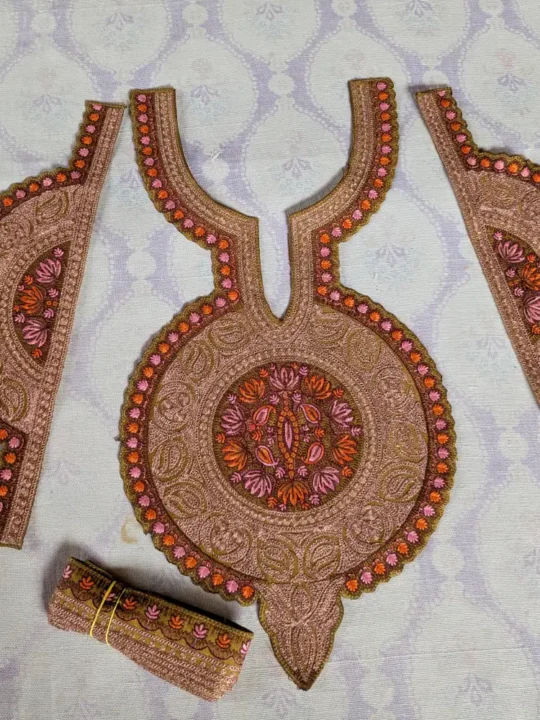 Green and Copper Kashmiri Tilla and Needle Embroidered Patch with Sleeves and Lace